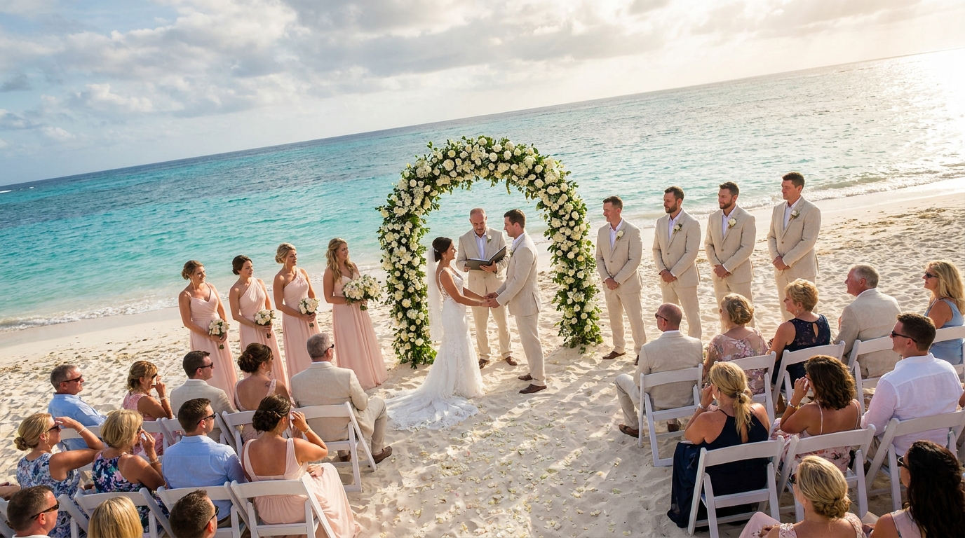Bride and groom on the beach at sunset